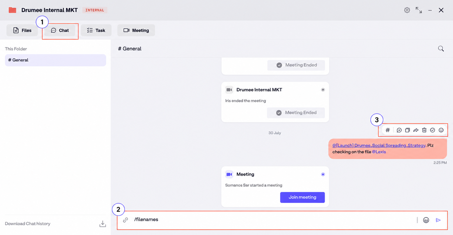 Drop files and open folder chat threads