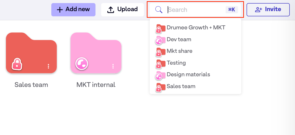 Search workspaces, folders, and files