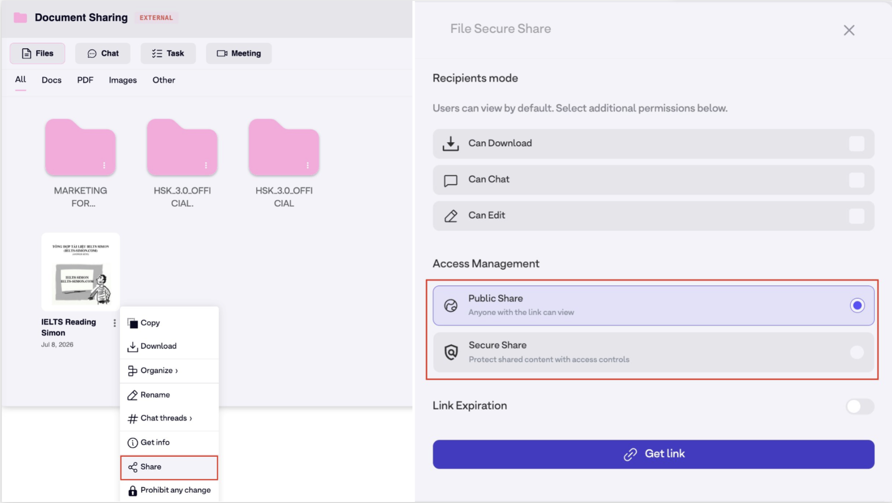 Public and secure share options